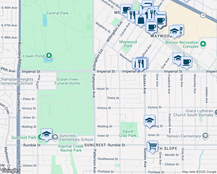 map of restaurants, bars, coffee shops, grocery stores, and more near 6990 Willingdon Avenue in Burnaby