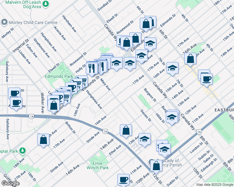 map of restaurants, bars, coffee shops, grocery stores, and more near 7523 17th Avenue in Burnaby