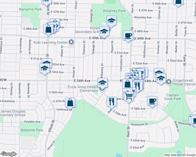 map of restaurants, bars, coffee shops, grocery stores, and more near 2873 East 54th Avenue in Vancouver