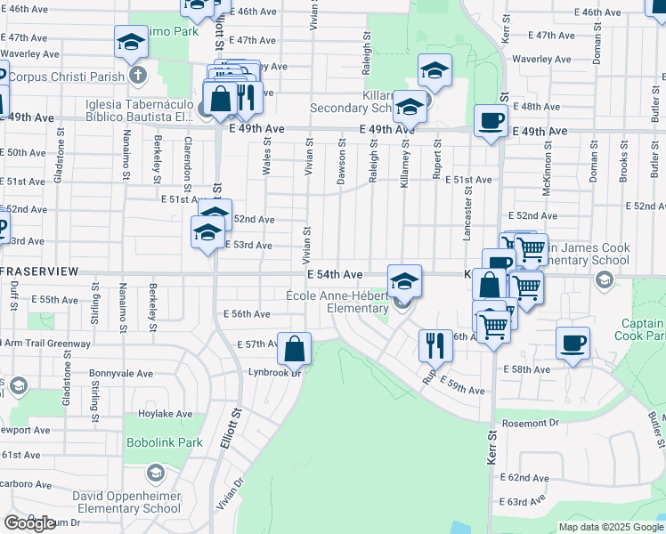 map of restaurants, bars, coffee shops, grocery stores, and more near 6993 Dawson Street in Vancouver