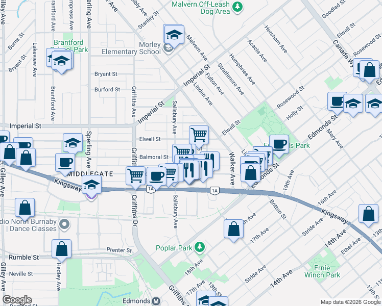 map of restaurants, bars, coffee shops, grocery stores, and more near 7138 Collier Street in Burnaby