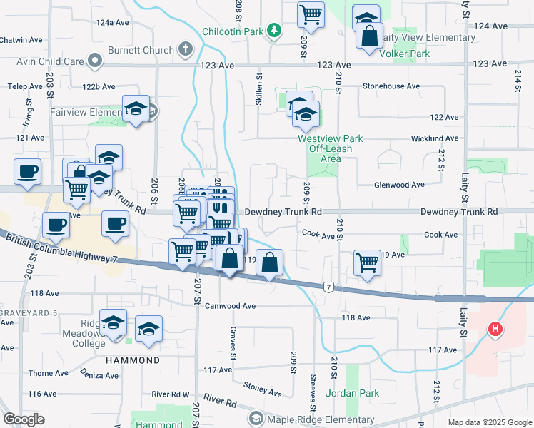 map of restaurants, bars, coffee shops, grocery stores, and more near 20834 Dewdney Trunk Road in Maple Ridge