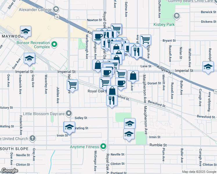 map of restaurants, bars, coffee shops, grocery stores, and more near 6968 Royal Oak Avenue in Burnaby