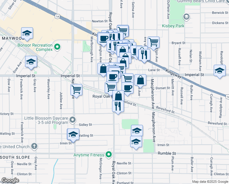 map of restaurants, bars, coffee shops, grocery stores, and more near 6968 Royal Oak Avenue in Burnaby