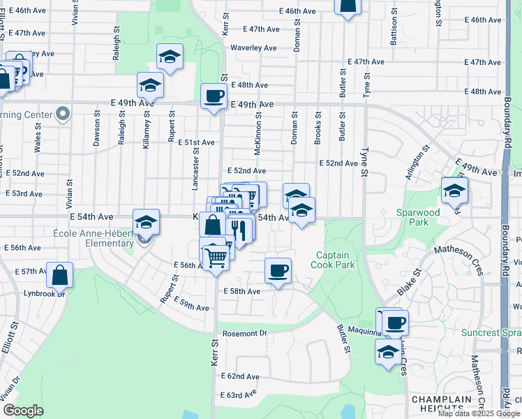 map of restaurants, bars, coffee shops, grocery stores, and more near 6978 McKinnon Street in Vancouver