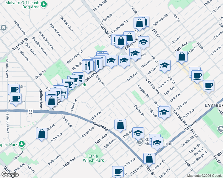 map of restaurants, bars, coffee shops, grocery stores, and more near 7523 17th Avenue in Burnaby