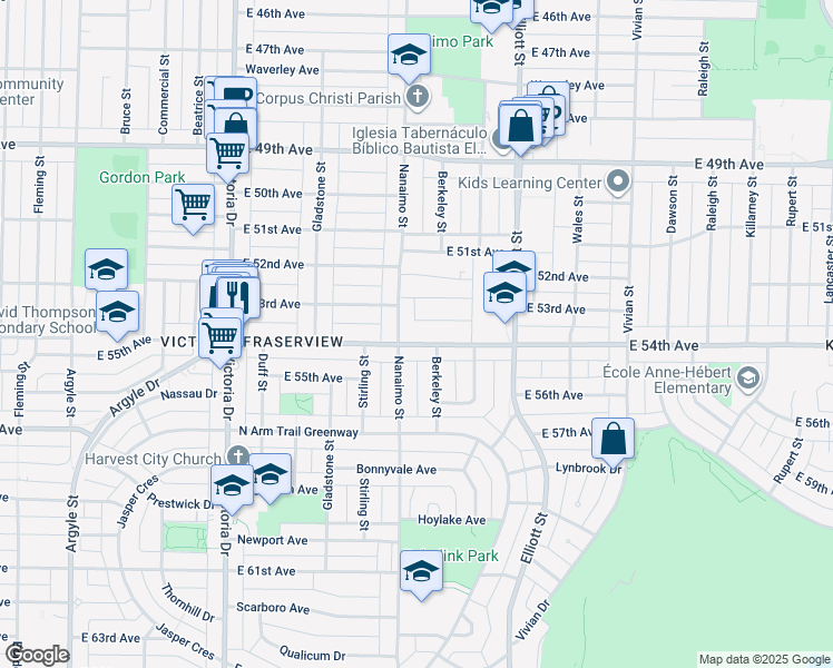 map of restaurants, bars, coffee shops, grocery stores, and more near 2333 East 54th Avenue in Vancouver