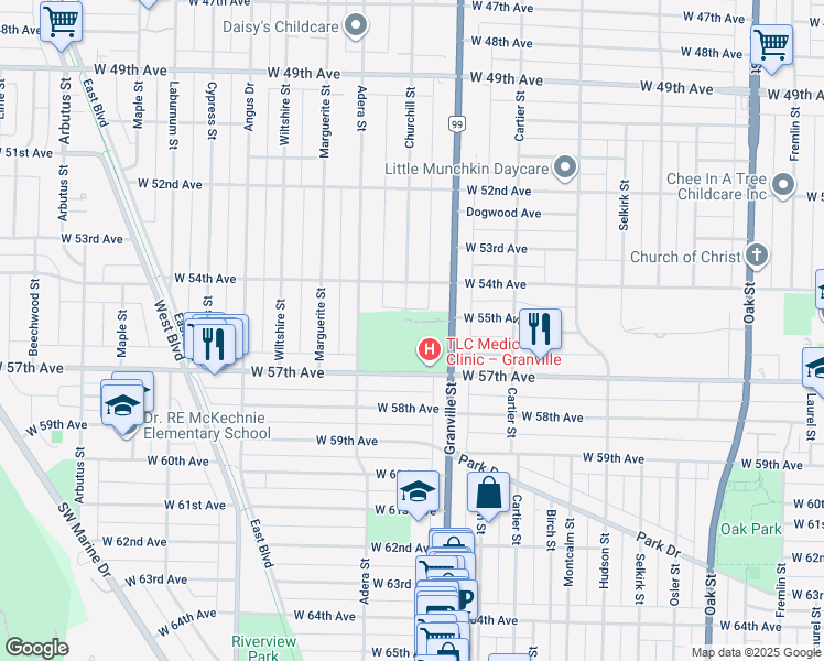 map of restaurants, bars, coffee shops, grocery stores, and more near 1520 Atlas Lane in Vancouver