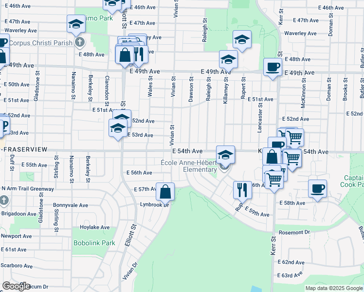 map of restaurants, bars, coffee shops, grocery stores, and more near 2781 East 54th Avenue in Vancouver