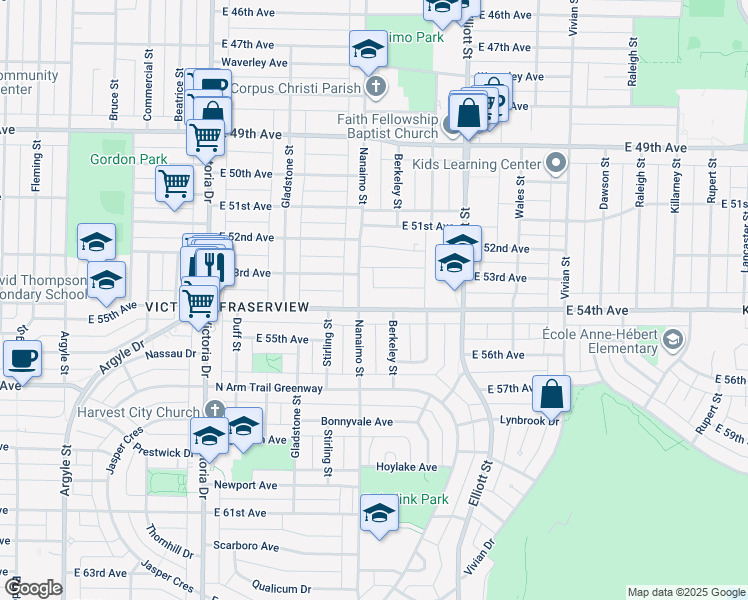 map of restaurants, bars, coffee shops, grocery stores, and more near 2331 East 54th Avenue in Vancouver