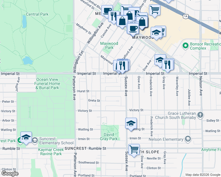 map of restaurants, bars, coffee shops, grocery stores, and more near 4335 Hurst Street in Burnaby