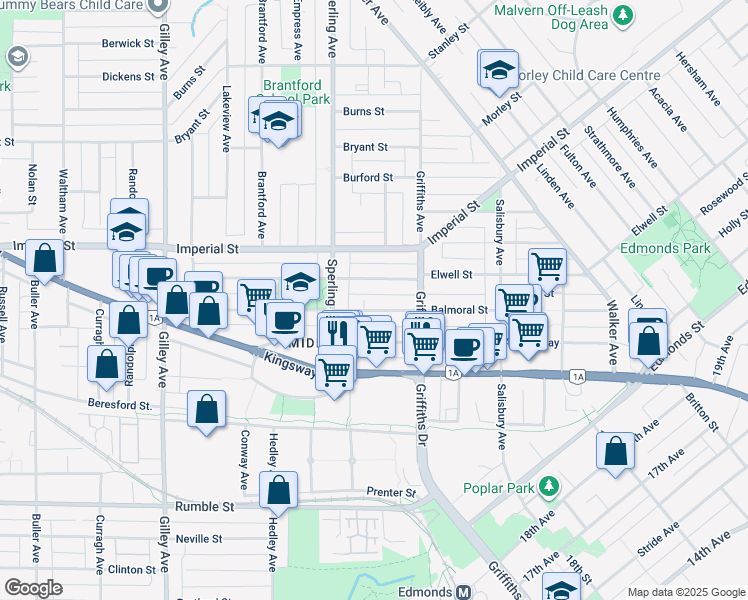 map of restaurants, bars, coffee shops, grocery stores, and more near in Burnaby