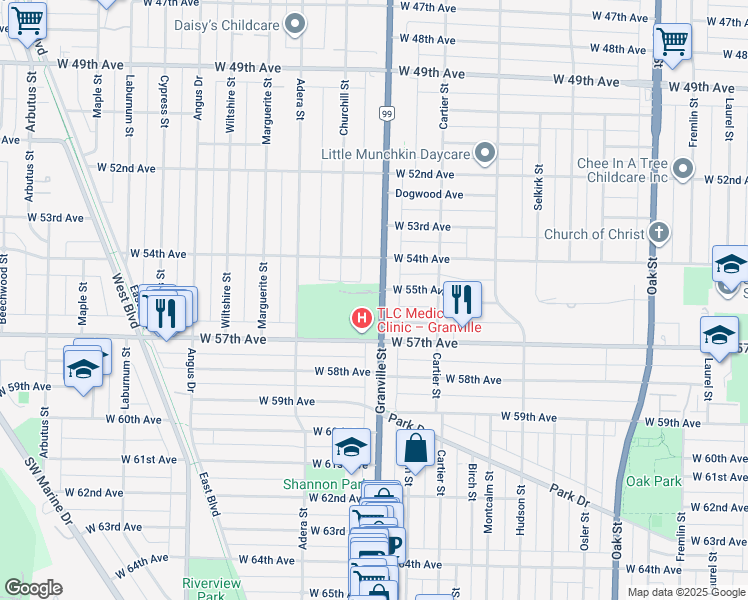 map of restaurants, bars, coffee shops, grocery stores, and more near 1512 Atlas Lane in Vancouver