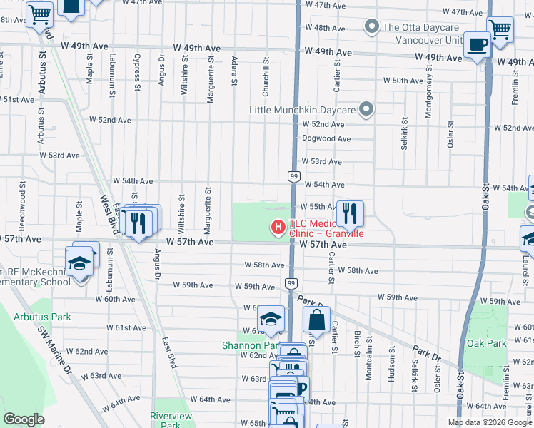 map of restaurants, bars, coffee shops, grocery stores, and more near 1512 Atlas Lane in Vancouver