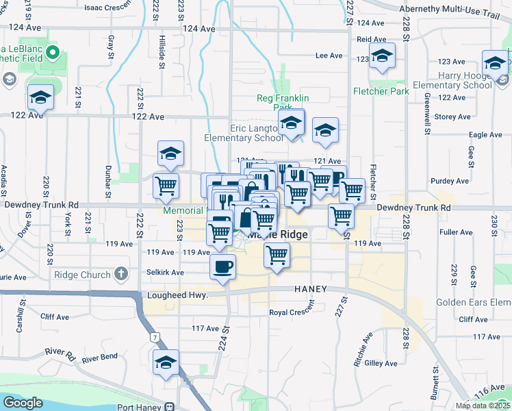 map of restaurants, bars, coffee shops, grocery stores, and more near 22475 Dewdney Trunk Road in Maple Ridge