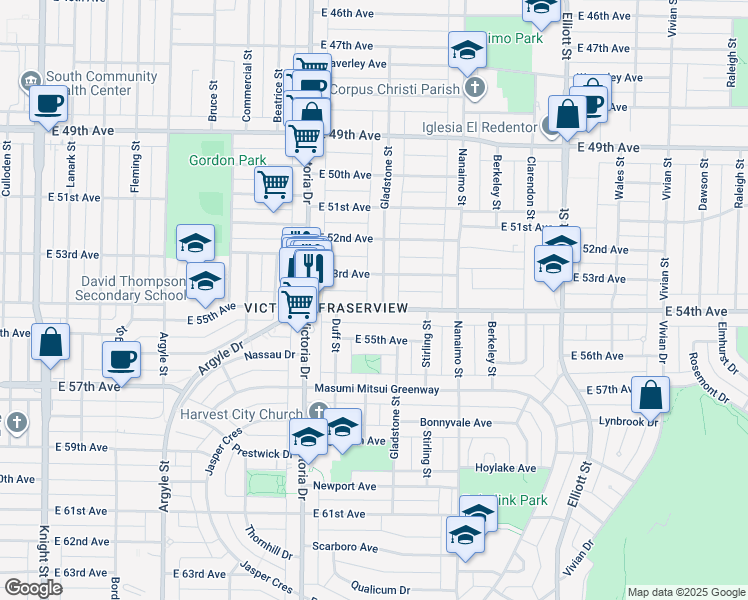 map of restaurants, bars, coffee shops, grocery stores, and more near 6979 Gladstone Street in Vancouver