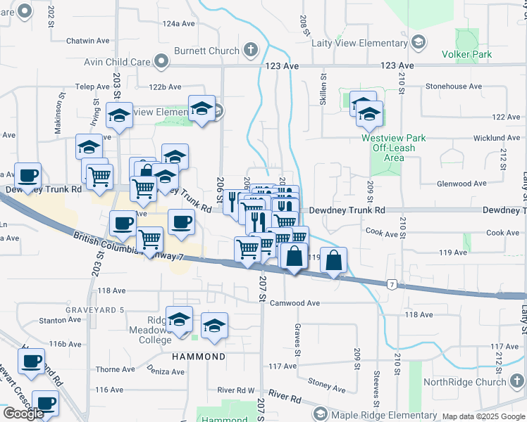 map of restaurants, bars, coffee shops, grocery stores, and more near 12020 207 Street in Maple Ridge