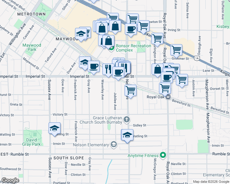 map of restaurants, bars, coffee shops, grocery stores, and more near 6993 Jubilee Avenue in Burnaby