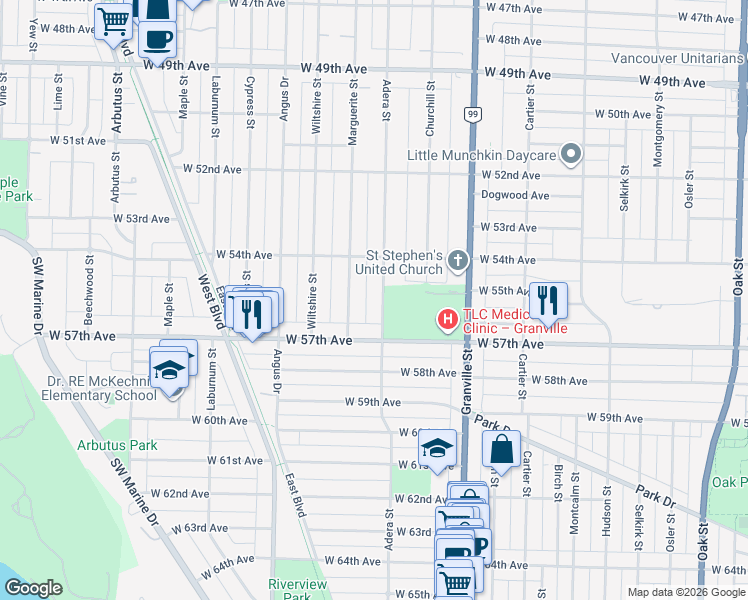 map of restaurants, bars, coffee shops, grocery stores, and more near 7139 Adera Street in Vancouver