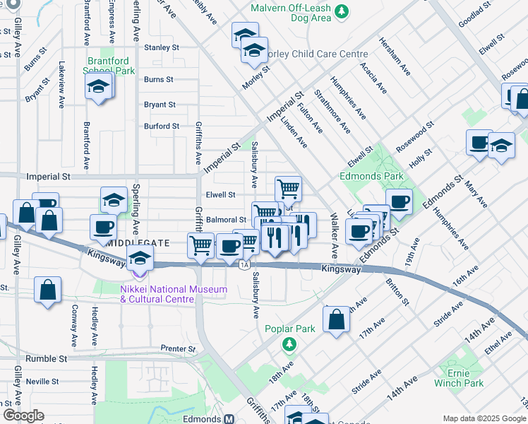 map of restaurants, bars, coffee shops, grocery stores, and more near 7108 Collier Street in Burnaby