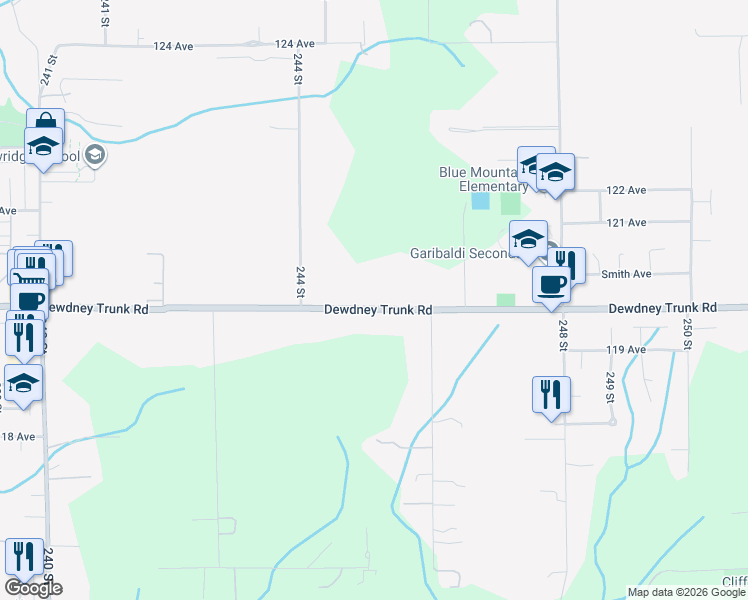 map of restaurants, bars, coffee shops, grocery stores, and more near 24531 Dewdney Trunk Road in Maple Ridge