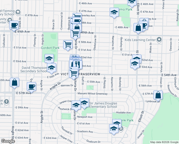 map of restaurants, bars, coffee shops, grocery stores, and more near 2175 East 54th Avenue in Vancouver