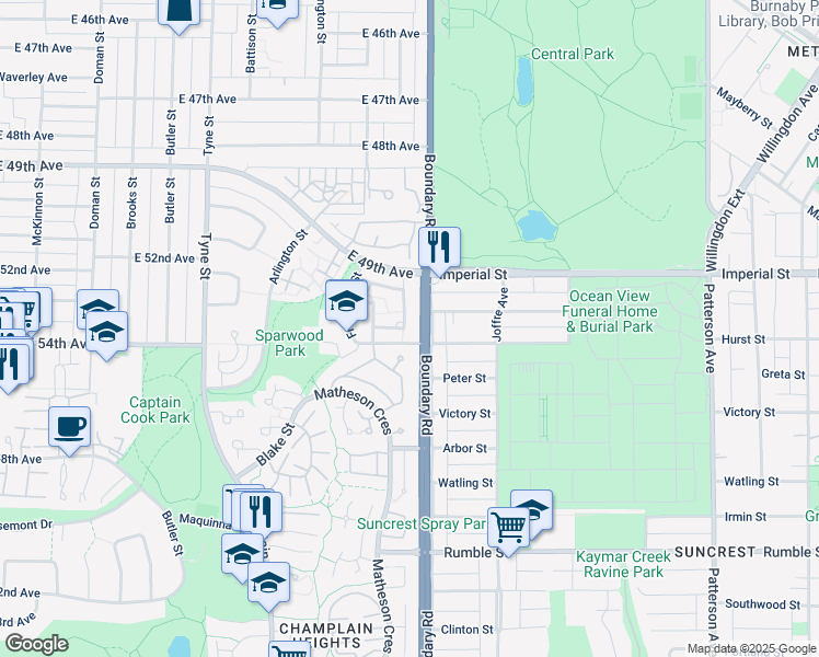 map of restaurants, bars, coffee shops, grocery stores, and more near 6956 Radisson Street in Vancouver