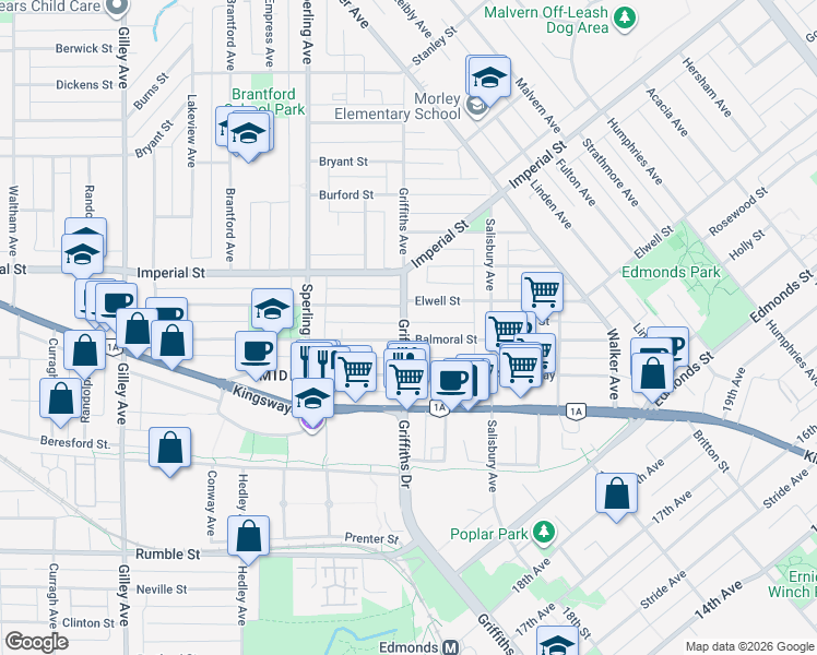 map of restaurants, bars, coffee shops, grocery stores, and more near 6988 Griffiths Avenue in Burnaby