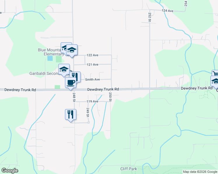 map of restaurants, bars, coffee shops, grocery stores, and more near 12021 250 Street in Maple Ridge
