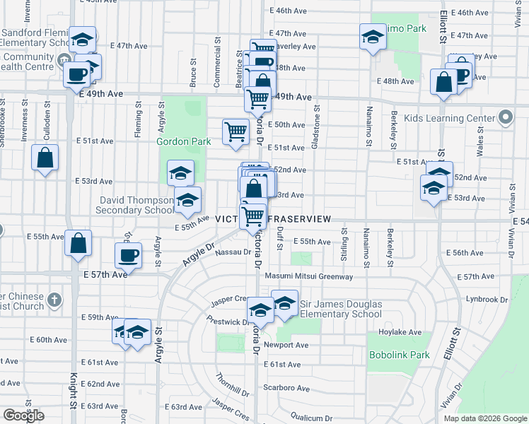 map of restaurants, bars, coffee shops, grocery stores, and more near 6978 Victoria Drive in Vancouver
