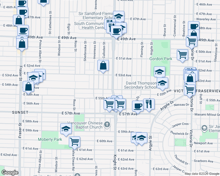 map of restaurants, bars, coffee shops, grocery stores, and more near 1389 East 54th Avenue in Vancouver