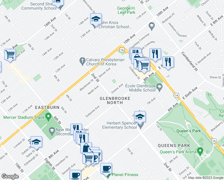 map of restaurants, bars, coffee shops, grocery stores, and more near 121 Ovens Avenue in New Westminster