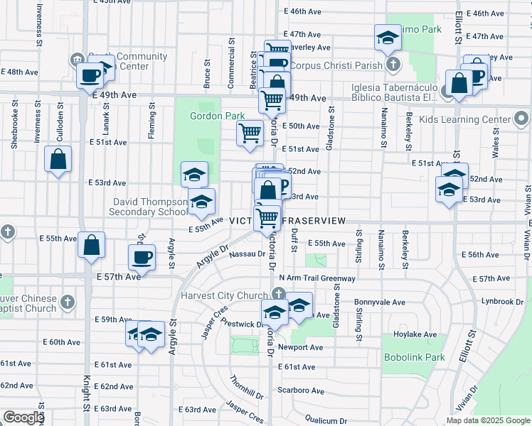 map of restaurants, bars, coffee shops, grocery stores, and more near 6991 Victoria Drive in Vancouver