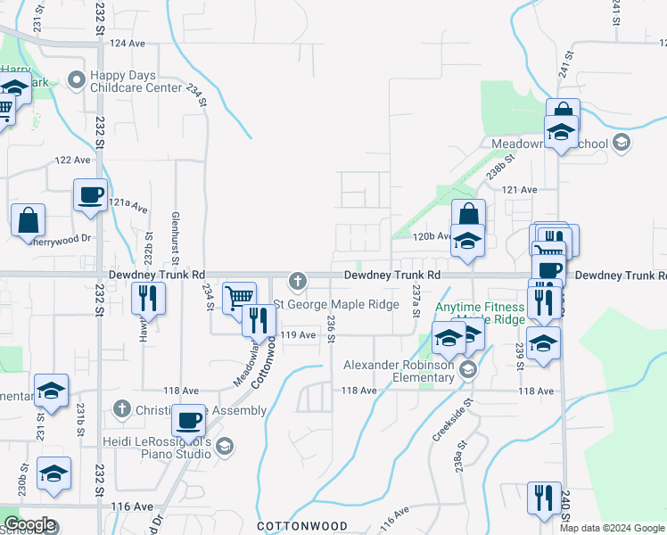 map of restaurants, bars, coffee shops, grocery stores, and more near 23605 Dewdney Trunk Road in Maple Ridge