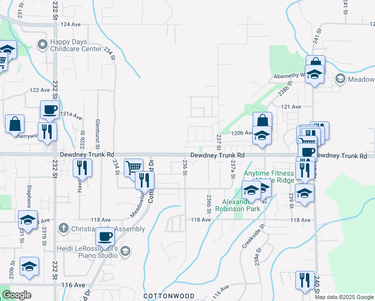 map of restaurants, bars, coffee shops, grocery stores, and more near 23611 Dewdney Trunk Road in Maple Ridge