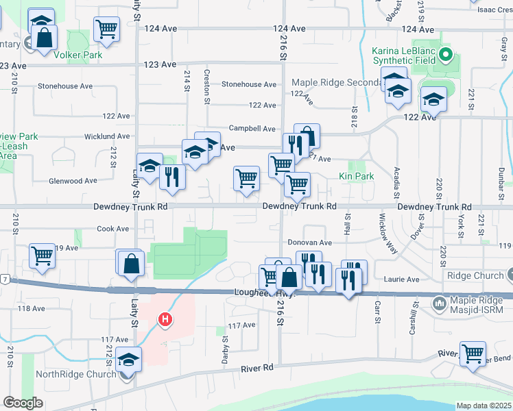 map of restaurants, bars, coffee shops, grocery stores, and more near Ashbury Court in Maple Ridge