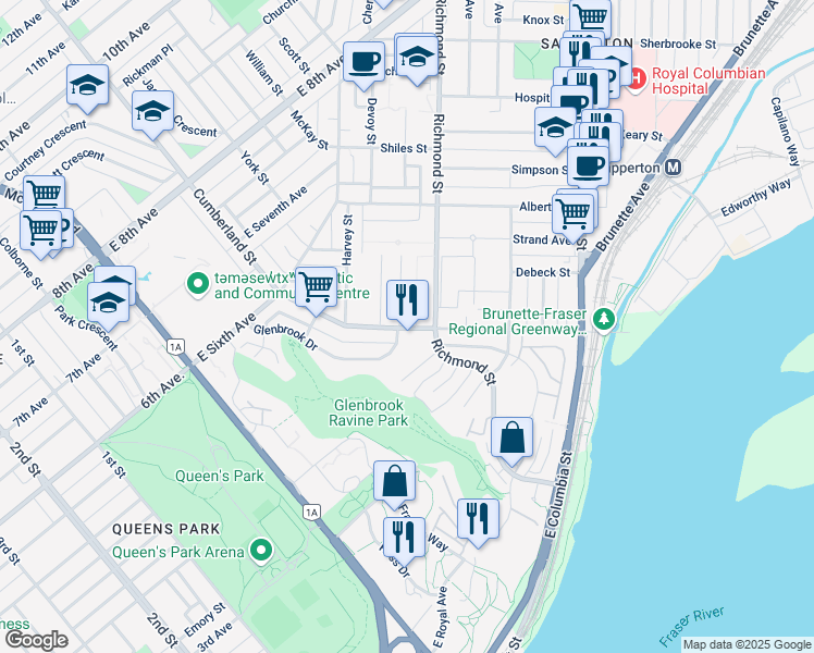 map of restaurants, bars, coffee shops, grocery stores, and more near 225 Francis Way in New Westminster