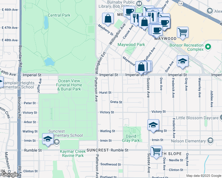 map of restaurants, bars, coffee shops, grocery stores, and more near 6970 Willingdon Avenue in Burnaby