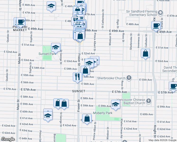 map of restaurants, bars, coffee shops, grocery stores, and more near 751 East 54th Avenue in Vancouver