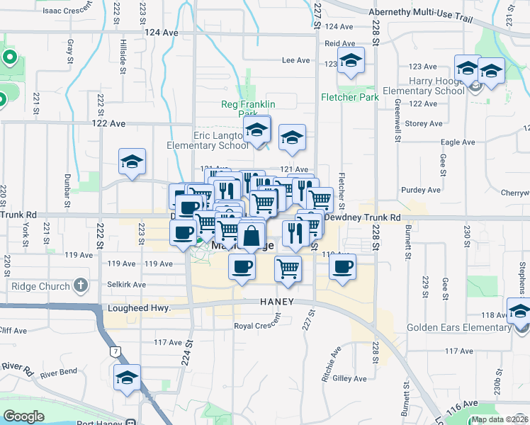 map of restaurants, bars, coffee shops, grocery stores, and more near 22561 Dewdney Trunk Road in Maple Ridge