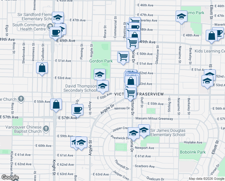 map of restaurants, bars, coffee shops, grocery stores, and more near 6987 Balmoral Street in Vancouver