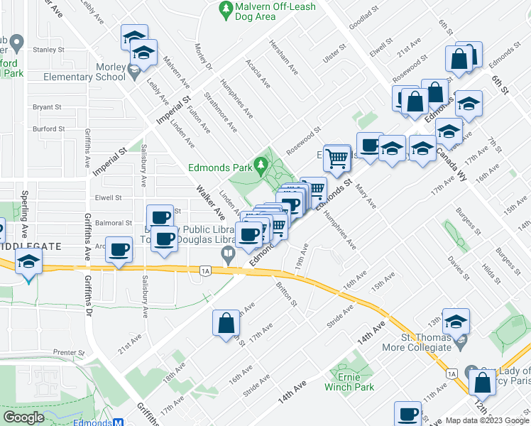 map of restaurants, bars, coffee shops, grocery stores, and more near 7165 Fulton Avenue in Burnaby
