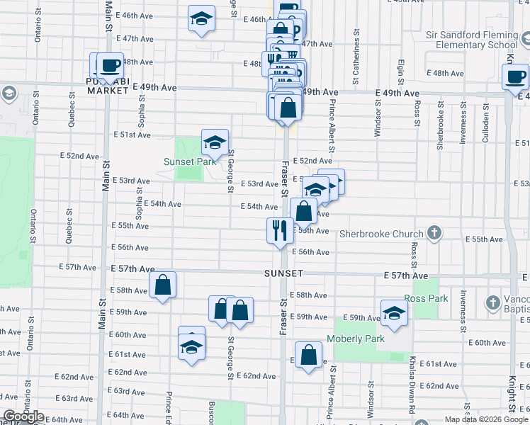 map of restaurants, bars, coffee shops, grocery stores, and more near 620 East 54th Avenue in Vancouver