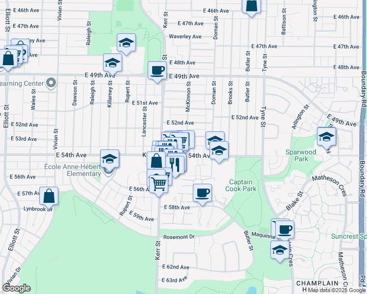 map of restaurants, bars, coffee shops, grocery stores, and more near 6949 McKinnon Street in Vancouver
