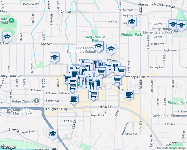 map of restaurants, bars, coffee shops, grocery stores, and more near 22519 Dewdney Trunk Road in Maple Ridge