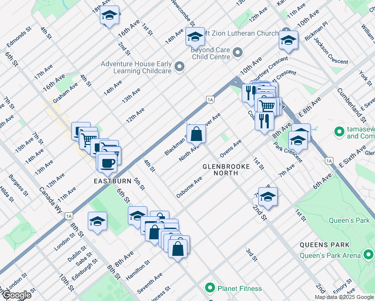 map of restaurants, bars, coffee shops, grocery stores, and more near 215 Ninth Avenue in New Westminster