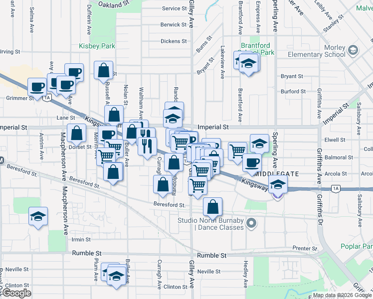 map of restaurants, bars, coffee shops, grocery stores, and more near 6939 Gilley Avenue in Burnaby