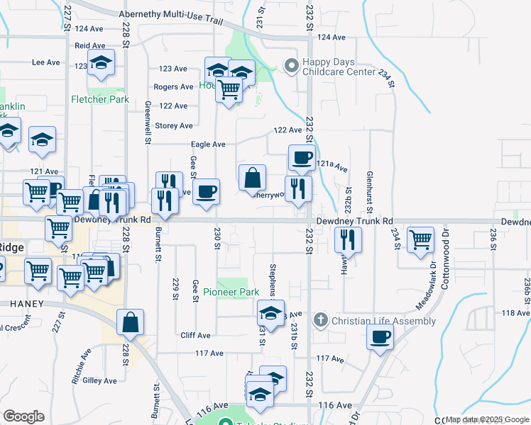 map of restaurants, bars, coffee shops, grocery stores, and more near 12125 Cherrywood Drive in Maple Ridge