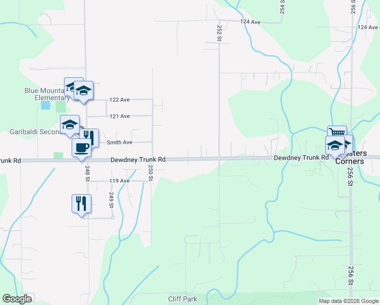 map of restaurants, bars, coffee shops, grocery stores, and more near 25117 Dewdney Trunk Road in Maple Ridge