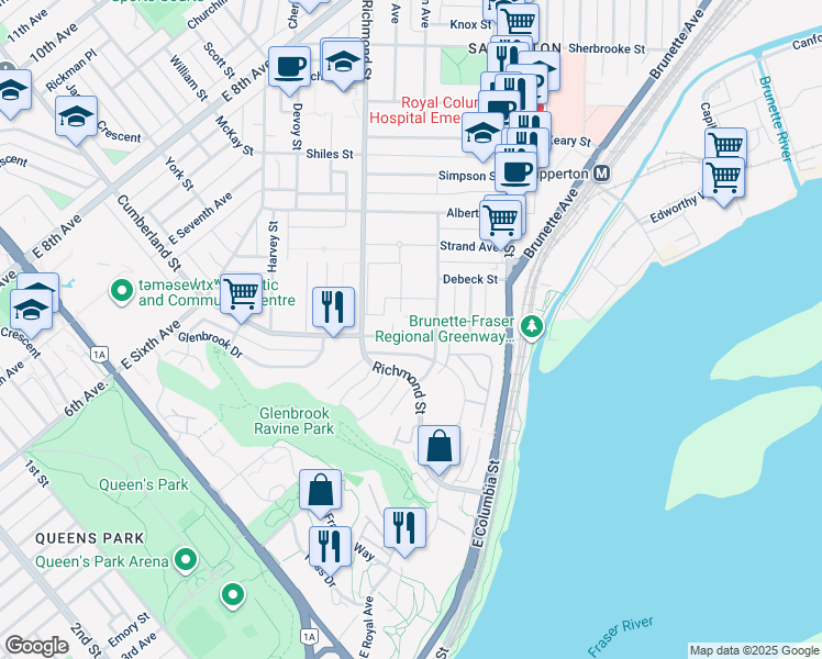 map of restaurants, bars, coffee shops, grocery stores, and more near 349 Cumberland Street in New Westminster